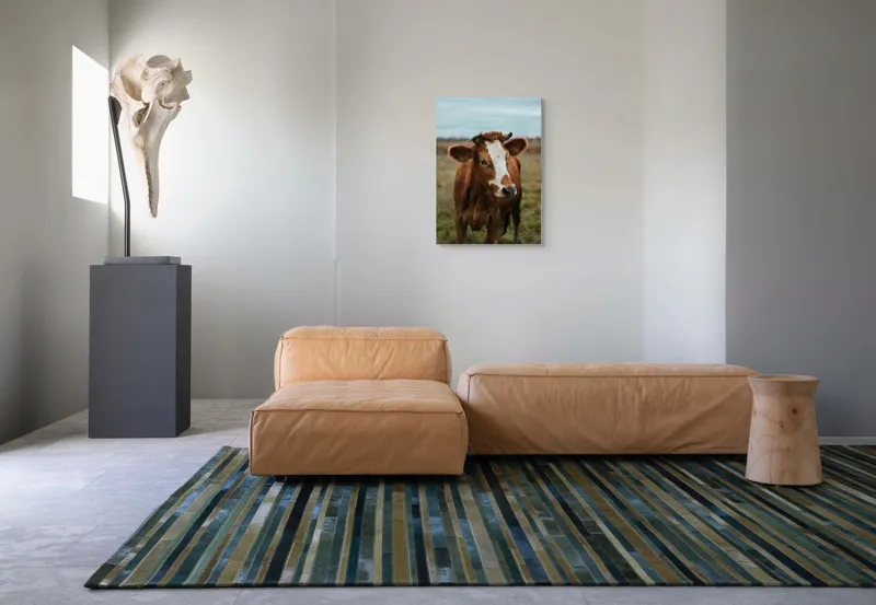 Tablou Canvas, "Vacă în pășune de toamnă", Vacă, Câmp, Cer, Blană, Coarne, Iarbă, 50 x 70 cm – poza 7