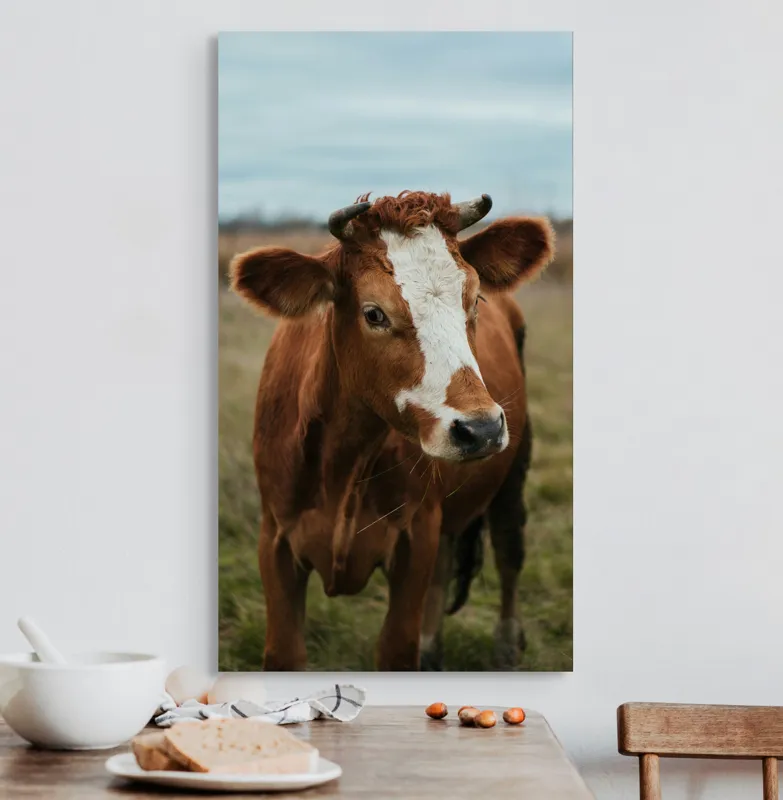 Tablou Canvas, "Vacă în pășune de toamnă", Vacă, Câmp, Cer, Blană, Coarne, Iarbă, 50 x 90 cm – poza 3