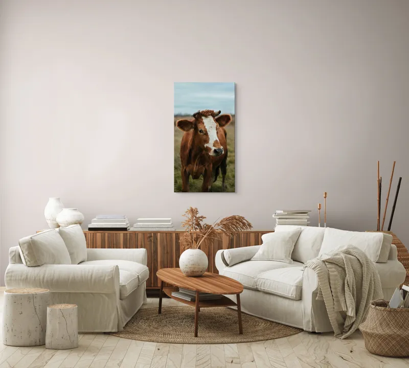 Tablou Canvas, "Vacă în pășune de toamnă", Vacă, Câmp, Cer, Blană, Coarne, Iarbă, 50 x 90 cm – poza 7