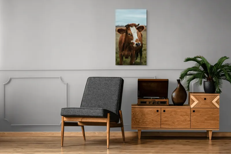 Tablou Canvas, "Vacă în pășune de toamnă", Vacă, Câmp, Cer, Blană, Coarne, Iarbă, 50 x 90 cm – poza 8