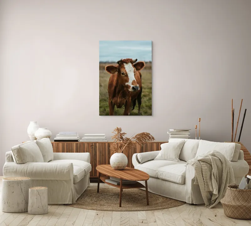 Tablou Canvas, "Vacă în pășune de toamnă", Vacă, Câmp, Cer, Blană, Coarne, Iarbă, 70 x 100 cm – poza 4