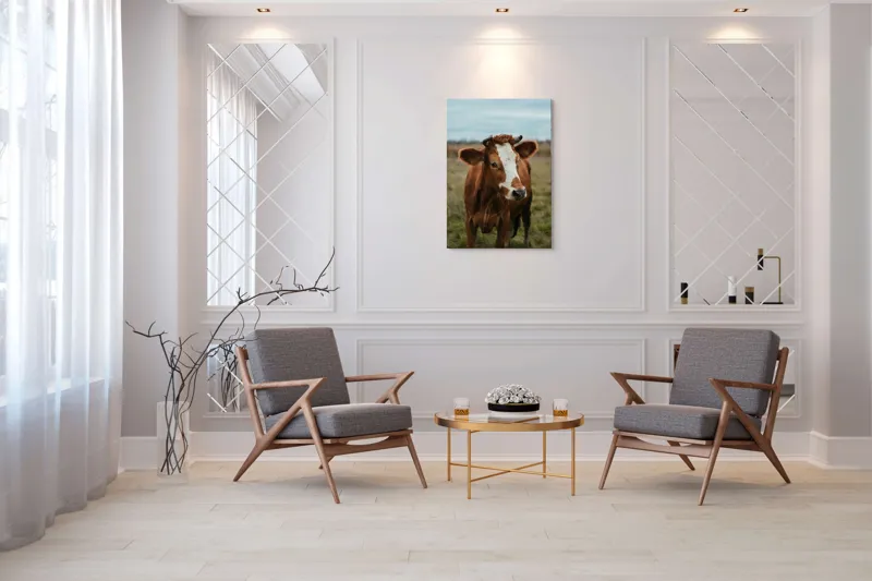 Tablou Canvas, "Vacă în pășune de toamnă", Vacă, Câmp, Cer, Blană, Coarne, Iarbă, 70 x 100 cm – poza 8