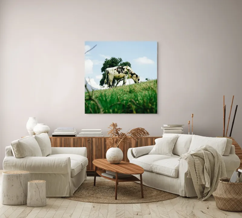 Tablou Canvas, "Vacă pășunând pe dealul verde", Nori, Vaci, Iarbă, Copac, Cer, Peisaj, Natură, Tranquilitate, 100 x 100 cm – poza 3