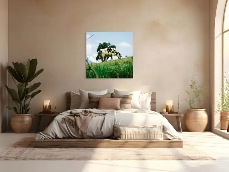 Tablou Canvas, "Vacă pășunând pe dealul verde", Nori, Vaci, Iarbă, Copac, Cer, Peisaj, Natură, Tranquilitate, 100 x 100 cm – poza 4