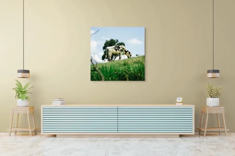 Tablou Canvas, "Vacă pășunând pe dealul verde", Nori, Vaci, Iarbă, Copac, Cer, Peisaj, Natură, Tranquilitate, 100 x 100 cm – poza 5