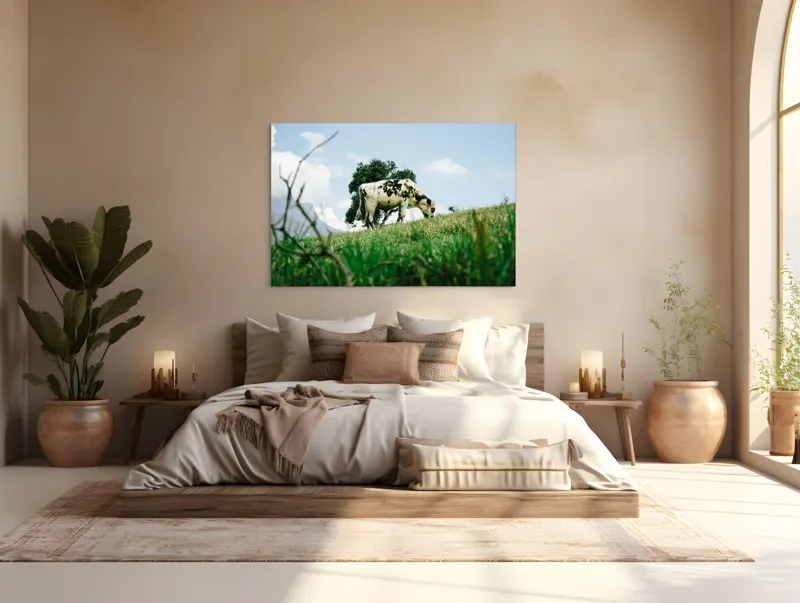 Tablou Canvas, "Vacă pășunând pe dealul verde", Nori, Vaci, Iarbă, Copac, Cer, Peisaj, Natură, Tranquilitate, 150 x 100 cm – poza 4