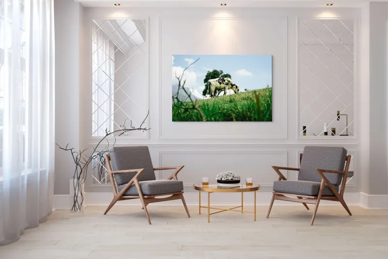 Tablou Canvas, "Vacă pășunând pe dealul verde", Nori, Vaci, Iarbă, Copac, Cer, Peisaj, Natură, Tranquilitate, 150 x 100 cm – poza 7