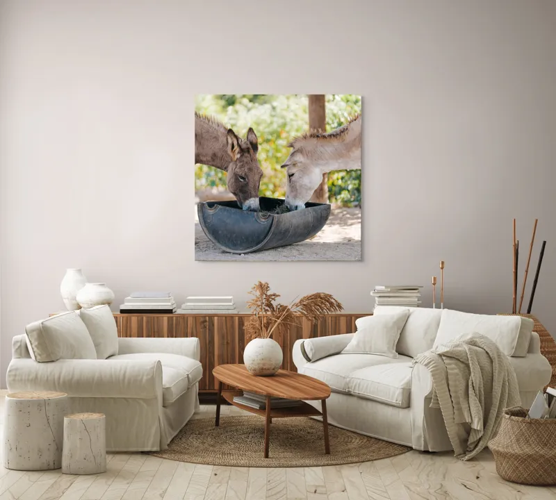 Tablou Canvas, "Măgarii prietenoși savurează masa împreună", 100 x 100 cm – poza 3