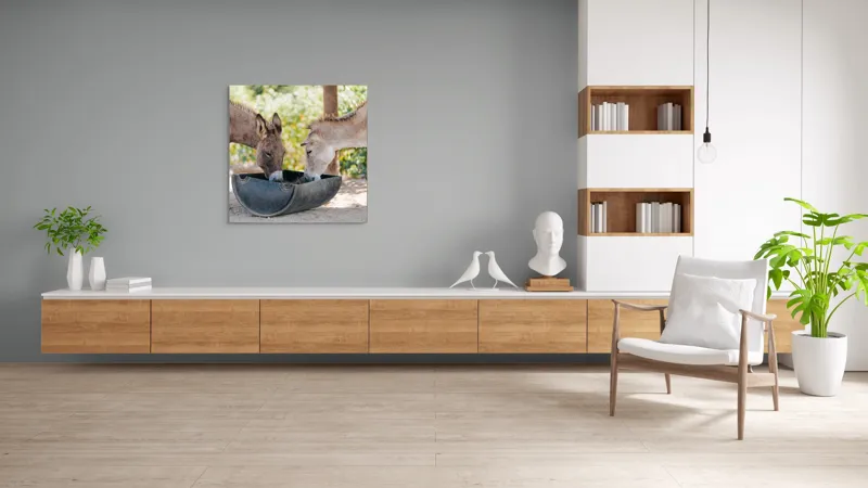 Tablou Canvas, "Măgarii prietenoși savurează masa împreună", 100 x 100 cm – poza 8