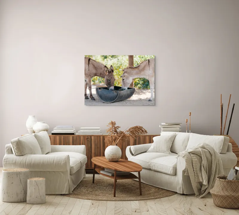 Tablou Canvas, "Măgarii prietenoși savurează masa împreună", Nu știu cine sunt aceste animale., 100 x 70 cm – poza 3
