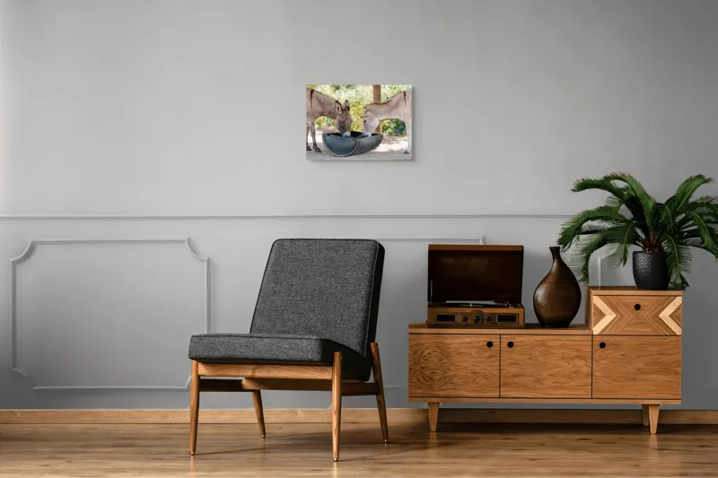 Tablou Canvas, "Măgarii prietenoși savurează masa împreună", Nu știu cine sunt aceste animale., 54 x 39 cm – poza 7