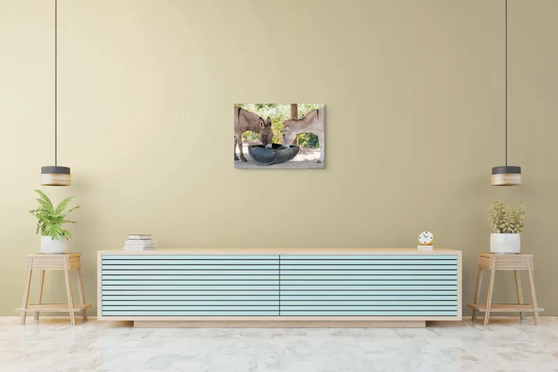 Tablou Canvas, "Măgarii prietenoși savurează masa împreună", 70 x 50 cm – poza 7