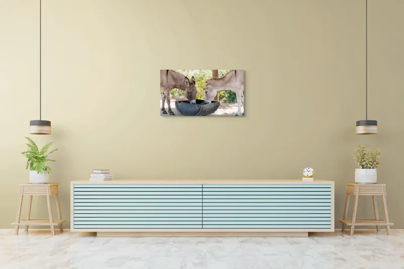 Tablou Canvas, "Măgarii prietenoși savurează masa împreună", Nu știu cine sunt aceste animale., 90 x 50 cm – poza 5