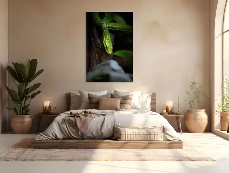 Tablou Canvas, "Șarpele verde în așteptare tăcută", Șarpe, Verde, Privire, Natural, Sinuos, Textură, Frunziș, Misterios, 100 x 150 cm – poza 3