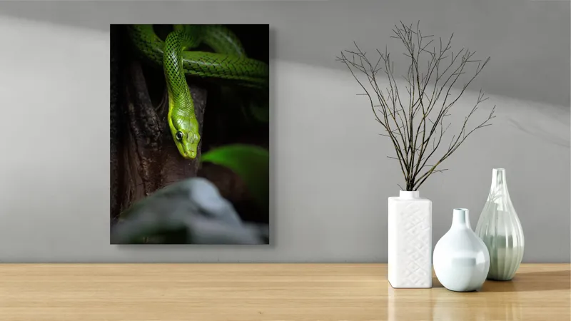Tablou Canvas, "Șarpele verde în așteptare tăcută", Șarpe, Verde, Privire, Natural, Sinuos, Textură, Frunziș, Misterios, 39 x 54 cm – poza 4