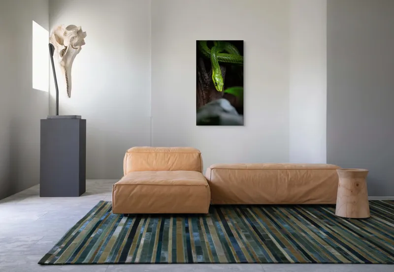 Tablou Canvas, "Șarpele verde în așteptare tăcută", Șarpe, Verde, Privire, Natural, Sinuos, Textură, Frunziș, Misterios, 50 x 90 cm – poza 5
