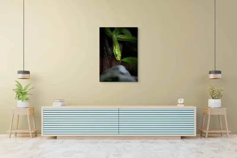 Tablou Canvas, "Șarpele verde în așteptare tăcută", Șarpe, Verde, Privire, Natural, Sinuos, Textură, Frunziș, Misterios, 70 x 100 cm – poza 5