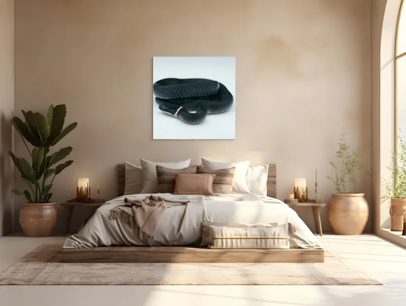 Tablou Canvas, "Șarpele încolăcit pe fundal alb", Șarpe, Negru, Textură, Solzi, Ochii, Elegant, Răsucit, Calm, Fin, Contrast., 100 x 100 cm – poza 4