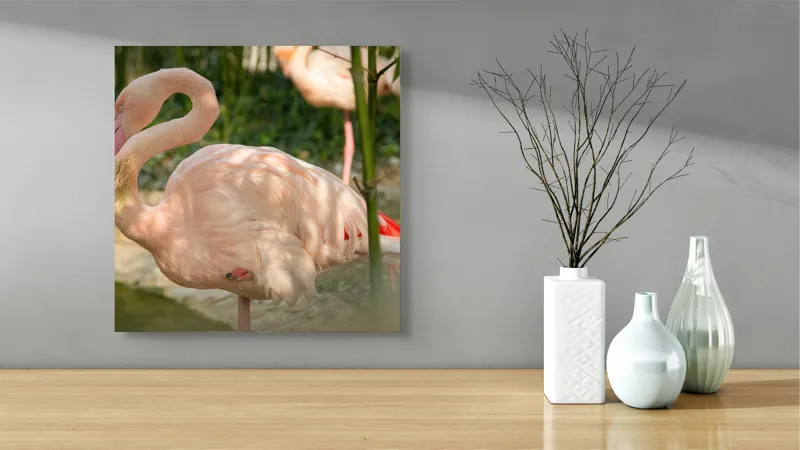 Tablou Canvas, "Flamingo visând între bambuși verzi", Roz, Flamingo, Apă, Bambus, Natură, Peisaj, Grație, Plante, Răgaz, Serenitate, 50 x 50 cm – poza 3