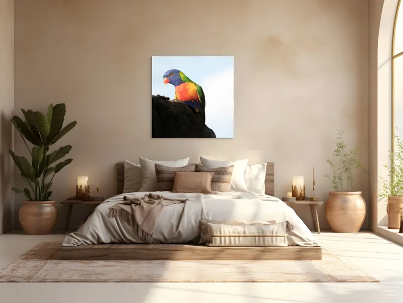 Tablou Canvas, "Papagalul curcubeu pe stâncă neagră", Colorat, Viu, Păsăre, Curcubeu, Natură, Exuberantă, Exotică, Fascinantă, 100 x 100 cm – poza 4