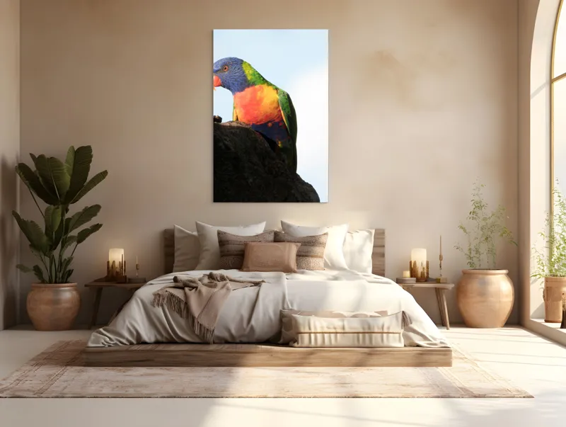 Tablou Canvas, "Papagalul curcubeu pe stâncă neagră", Colorat, Viu, Păsăre, Curcubeu, Natură, Exuberantă, Exotică, Fascinantă, 100 x 150 cm – poza 3