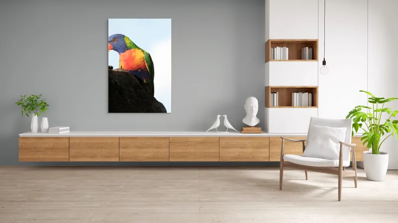 Tablou Canvas, "Papagalul curcubeu pe stâncă neagră", Colorat, Viu, Păsăre, Curcubeu, Natură, Exuberantă, Exotică, Fascinantă, 100 x 150 cm – poza 8