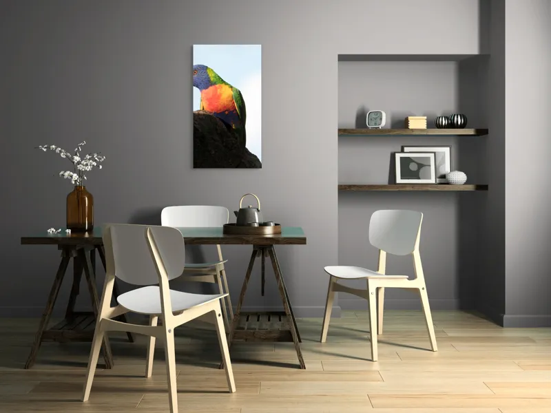 Tablou Canvas, "Papagalul curcubeu pe stâncă neagră", Colorat, Viu, Păsăre, Curcubeu, Natură, Exuberantă, Exotică, Fascinantă, 50 x 90 cm – poza 4