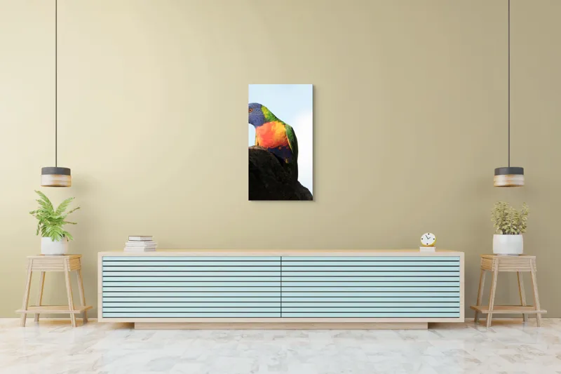 Tablou Canvas, "Papagalul curcubeu pe stâncă neagră", Colorat, Viu, Păsăre, Curcubeu, Natură, Exuberantă, Exotică, Fascinantă, 50 x 90 cm – poza 6