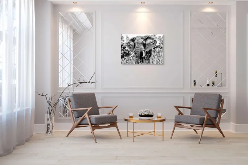 Tablou Canvas, "Umbra colosului din savană africană", Elefant, Impunător, Monumental, Sălbatic, Majestic, Natură, Perceptibil, Grandoare, 100 x 70 cm – poza 5