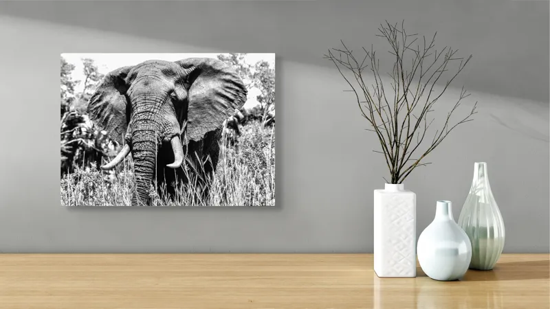 Tablou Canvas, "Umbra colosului din savană africană", Elefant, Impunător, Monumental, Sălbatic, Majestic, Natură, Perceptibil, Grandoare, 54 x 39 cm – poza 3