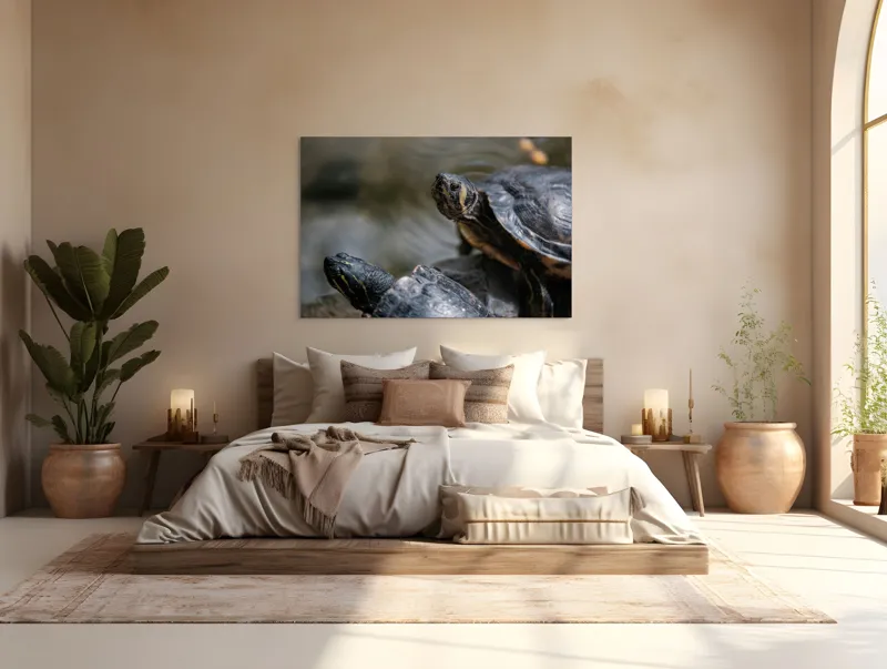 Tablou Canvas, "Broaște țestoase odihnindu-se pe stâncă", Broască-Țestoasă, Apă, Coajă, Verde, Natură, Reptilă, Soare, Țestoase, Râu, Piatră, 150 x 100 cm – poza 4