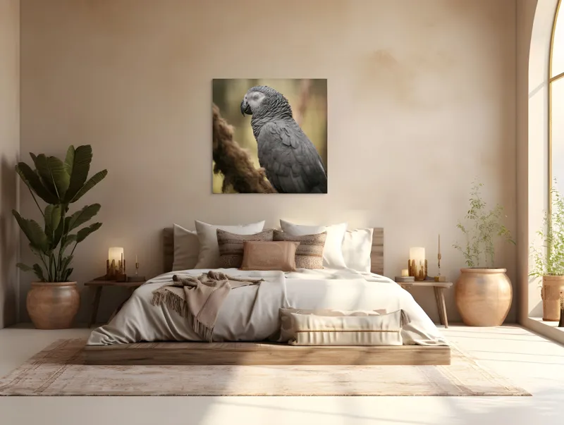 Tablou Canvas, "Papagal odihnindu-se în liniștea pădurii", Papagal, Gri, Răsfățat, Adormit, Serenitate, Penaj, Exotic., 100 x 100 cm – poza 4