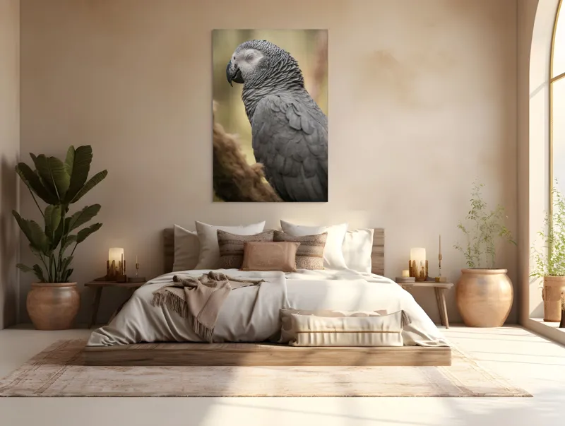 Tablou Canvas, "Papagal odihnindu-se în liniștea pădurii", Papagal, Gri, Răsfățat, Adormit, Serenitate, Penaj, Exotic., 100 x 150 cm – poza 3