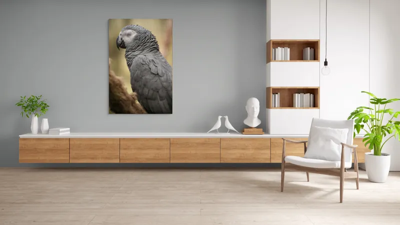 Tablou Canvas, "Papagal odihnindu-se în liniștea pădurii", Papagal, Gri, Răsfățat, Adormit, Serenitate, Penaj, Exotic., 100 x 150 cm – poza 8