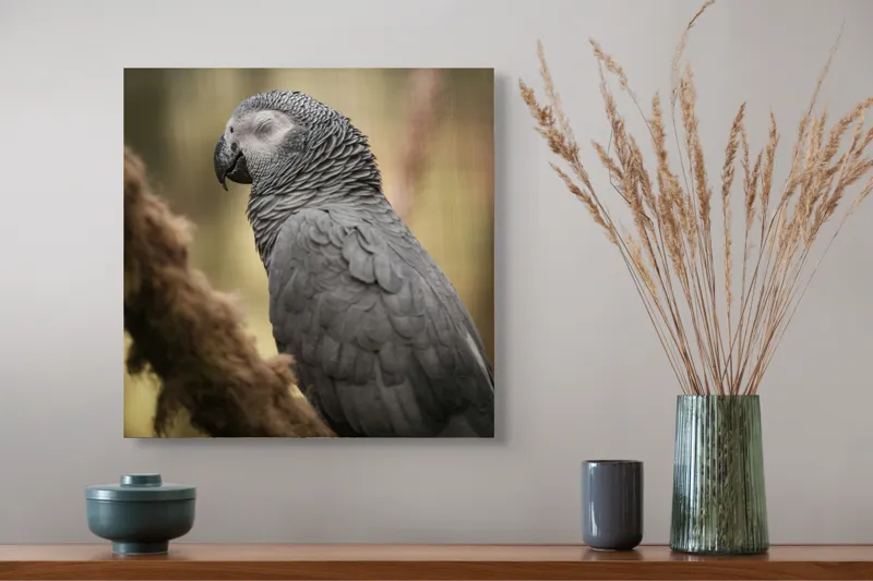 Tablou Canvas, "Papagal odihnindu-se în liniștea pădurii", Papagal, Gri, Răsfățat, Adormit, Serenitate, Penaj, Exotic., 50 x 50 cm – poza 4