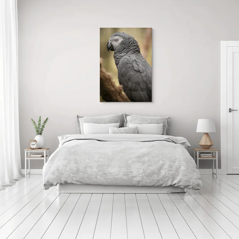 Tablou Canvas, "Papagal odihnindu-se în liniștea pădurii", Papagal, Gri, Răsfățat, Adormit, Serenitate, Penaj, Exotic., 70 x 100 cm – poza 3