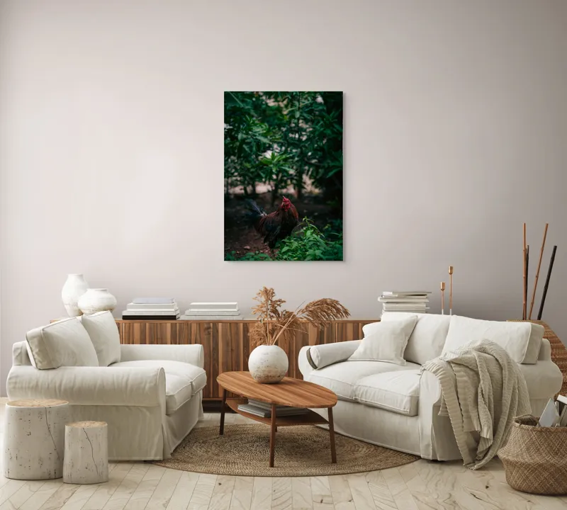 Tablou Canvas, "Cocoșul sub umbra desișului verde", Cocoș, Pădure, Verdeață, Penaj, Natural, Lumină, Vegetație, 70 x 100 cm – poza 4