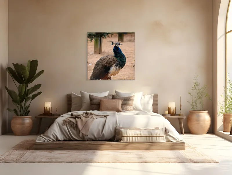 Tablou Canvas, "Păunul fermecat în grădină liniștită", Pene, Culori, Eleganță, Măreție, Exotic, Frumusețe, 100 x 100 cm – poza 4