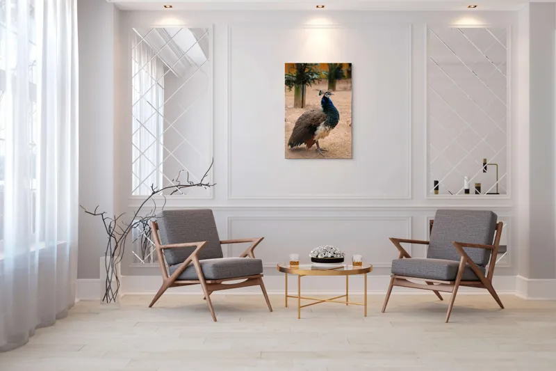 Tablou Canvas, "Păunul fermecat în grădină liniștită", Pene, Culori, Eleganță, Măreție, Exotic, Frumusețe, 70 x 100 cm – poza 8