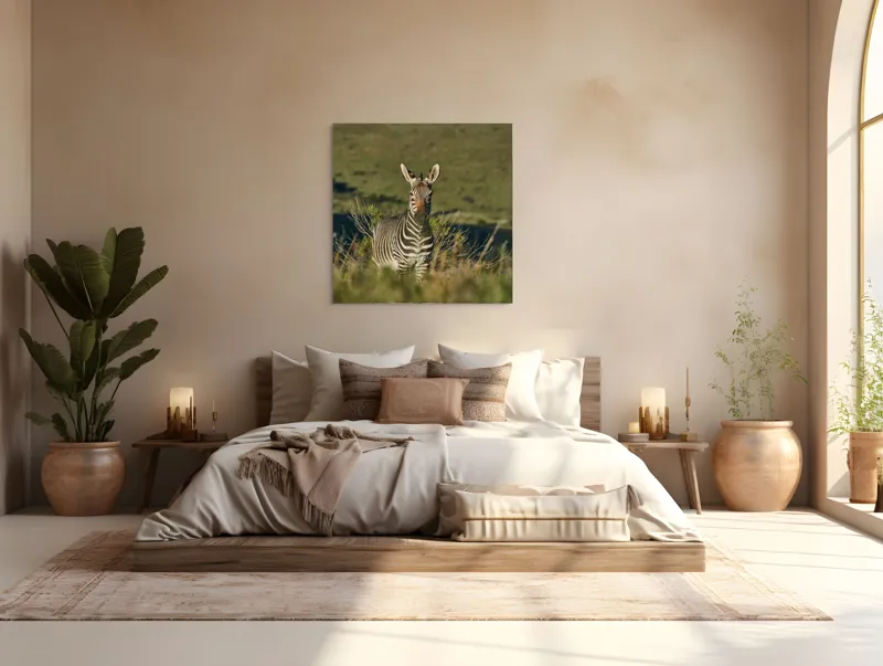 Tablou Canvas, "Zebra în peisajul savanei africane", Zebră, Iarbă, Pădure, Natură, Privire, Linie, Africa, Culoare, Pasiune, Liniște, 100 x 100 cm – poza 4