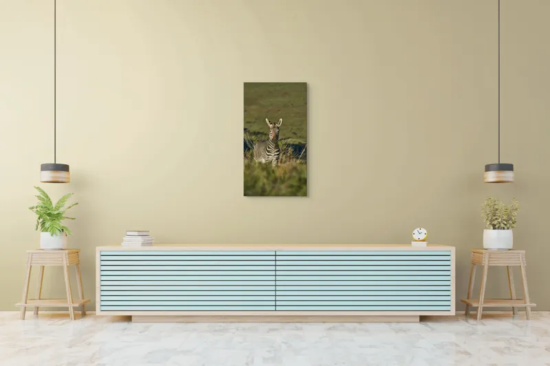 Tablou Canvas, "Zebra în peisajul savanei africane", Zebră, Iarbă, Pădure, Natură, Privire, Linie, Africa, Culoare, Pasiune, Liniște, 50 x 90 cm – poza 6