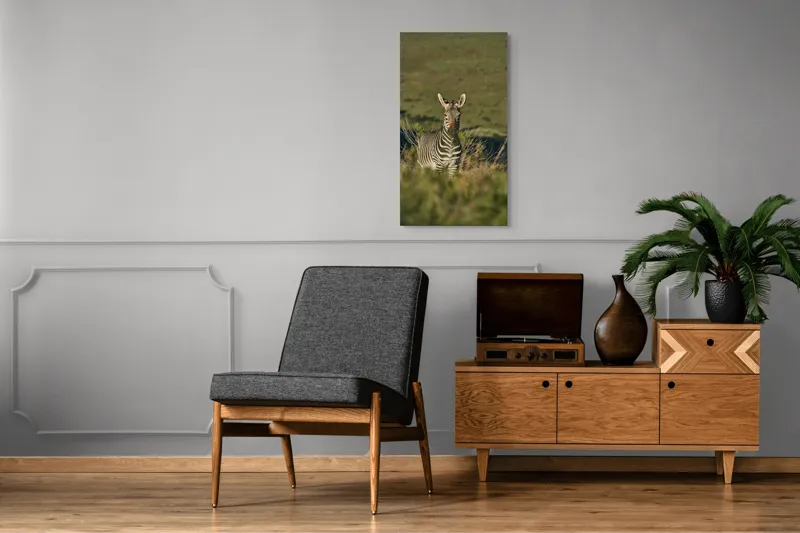 Tablou Canvas, "Zebra în peisajul savanei africane", Zebră, Iarbă, Pădure, Natură, Privire, Linie, Africa, Culoare, Pasiune, Liniște, 50 x 90 cm – poza 8