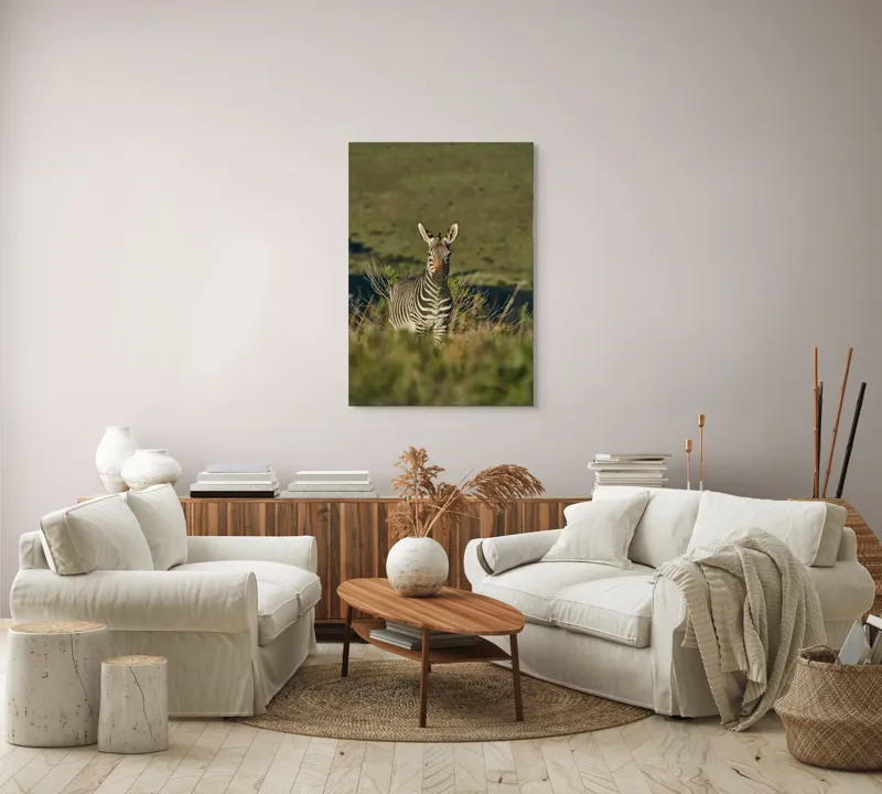 Tablou Canvas, "Zebra în peisajul savanei africane", Zebră, Iarbă, Pădure, Natură, Privire, Linie, Africa, Culoare, Pasiune, Liniște, 70 x 100 cm – poza 4