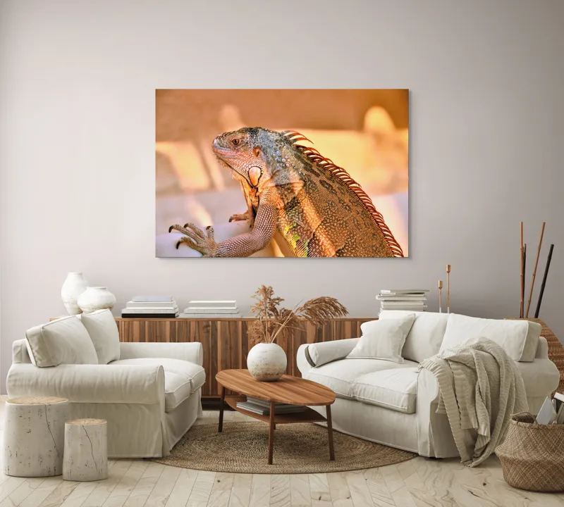Tablou Canvas, "Solemnitatea iguanei la apusul soarelui", Iguana, Sol, Umbre, Texturi, Culori, Solzi, Privire, 150 x 100 cm – poza 3