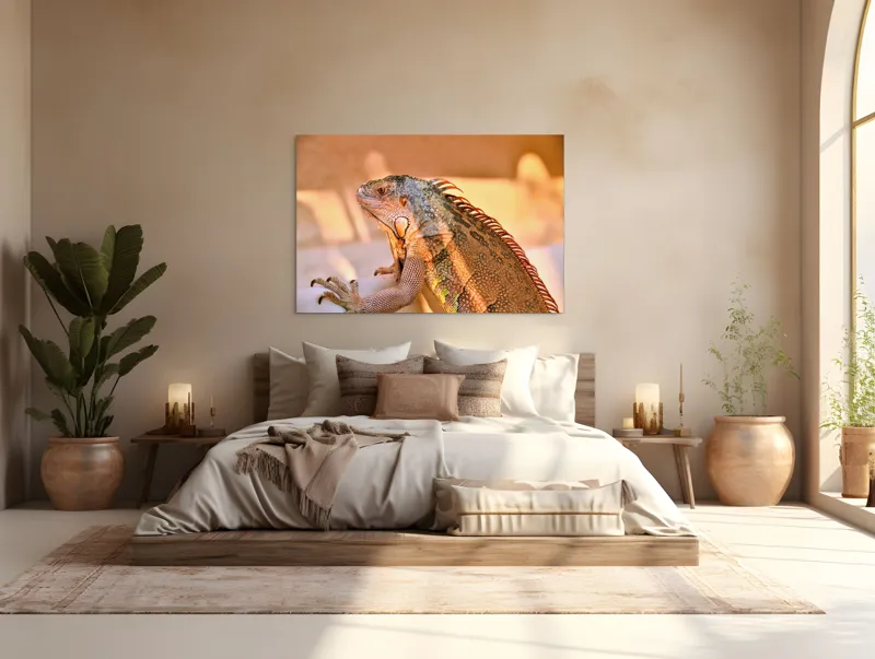 Tablou Canvas, "Solemnitatea iguanei la apusul soarelui", Iguana, Sol, Umbre, Texturi, Culori, Solzi, Privire, 150 x 100 cm – poza 4