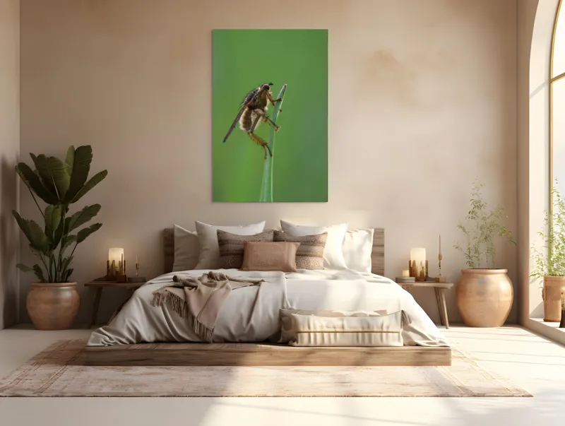 Tablou Canvas, "Musca odihnindu-se pe firul ierbii", Musca, Verdeață, Fragilitate, Natură, Echilibru, Percepție, Detaliu, 100 x 150 cm – poza 3