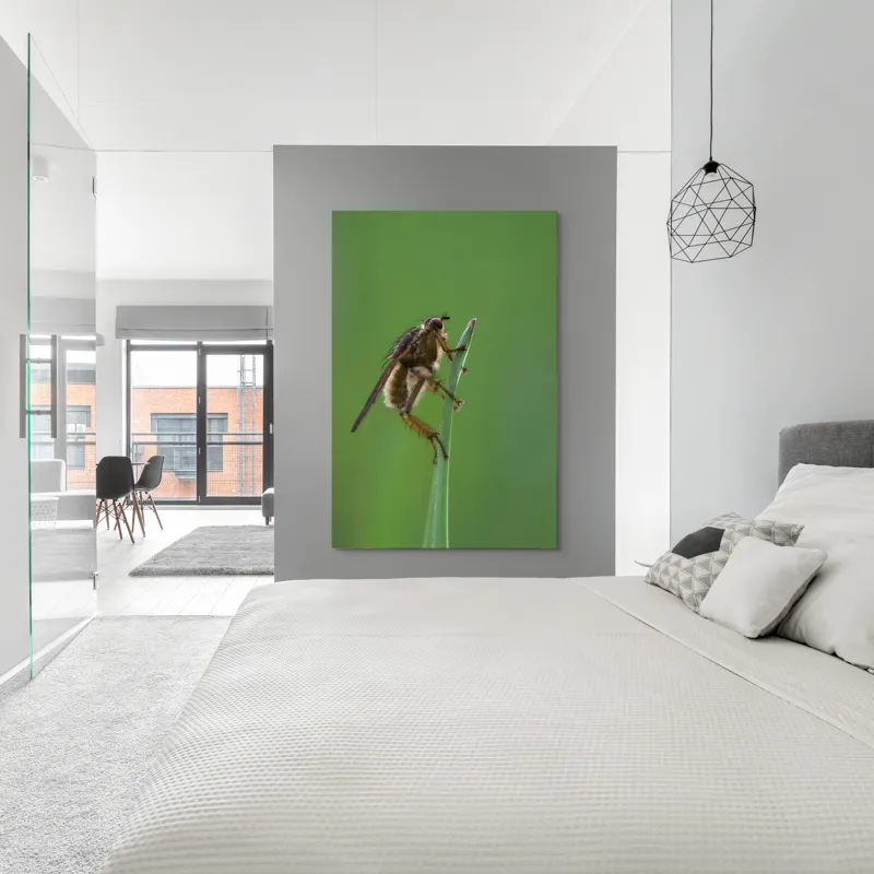 Tablou Canvas, "Musca odihnindu-se pe firul ierbii", Musca, Verdeață, Fragilitate, Natură, Echilibru, Percepție, Detaliu, 100 x 150 cm – poza 5