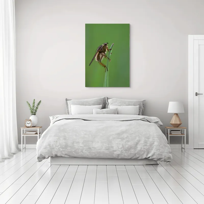 Tablou Canvas, "Musca odihnindu-se pe firul ierbii", Musca, Verdeață, Fragilitate, Natură, Echilibru, Percepție, Detaliu, 70 x 100 cm – poza 3