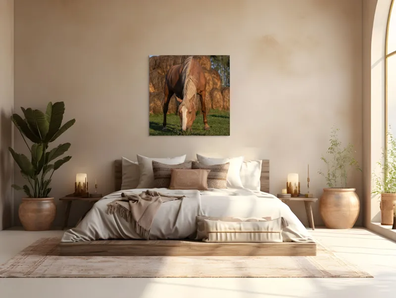 Tablou Canvas, "Cal în lumină de apus", Cal, Pășune, Fân, Verdeață, Cer, Linie, Natură, Soare, Blană., 100 x 100 cm – poza 4