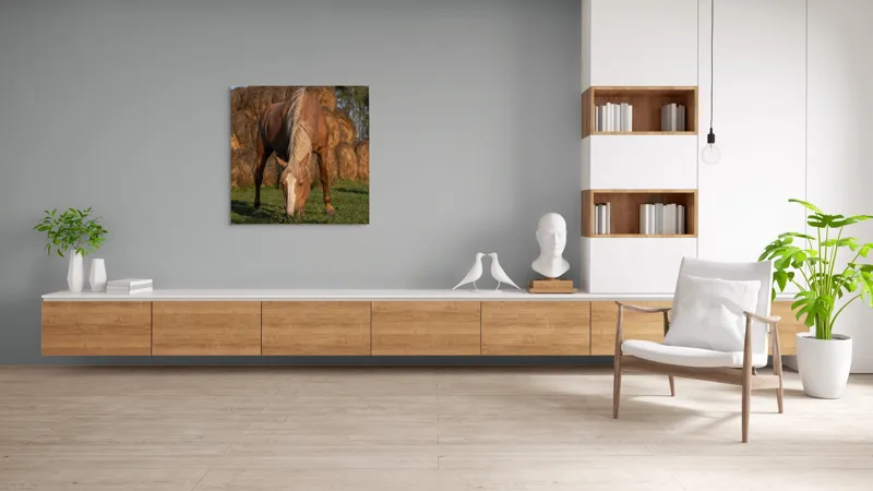 Tablou Canvas, "Cal în lumină de apus", Cal, Pășune, Fân, Verdeață, Cer, Linie, Natură, Soare, Blană., 100 x 100 cm – poza 8